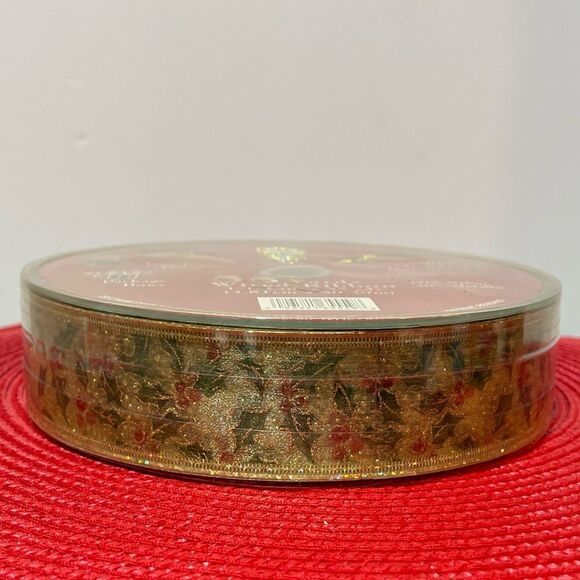 Members Mark Wired Ribbon Gold with Holly 55 yards NWT - Picture 1 of 4